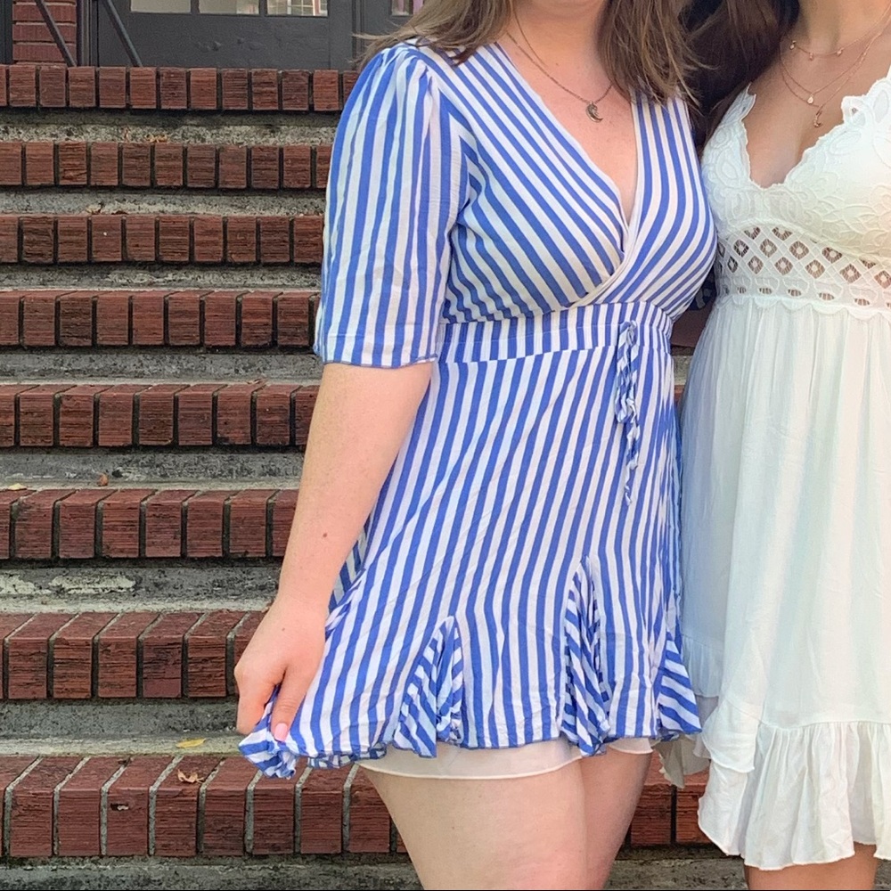 Blue and White Striped Mini Wrap Dress